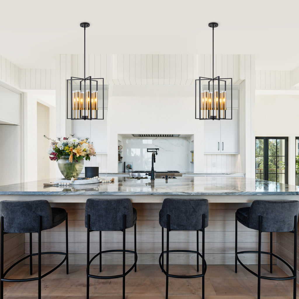 17.72 in. 6-Light Industrial Black Iron Geometric Chandelier with Clear Glass Shades for Kitchen Island Foyers Hallway