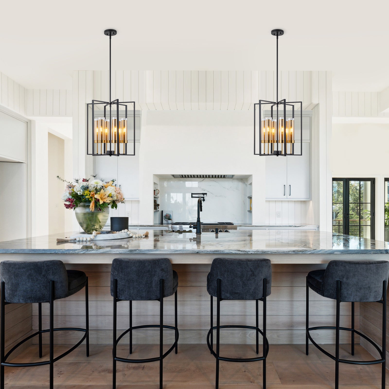 17.72 in. 6-Light Industrial Black Iron Geometric Chandelier with Clear Glass Shades for Kitchen Island Foyers Hallway