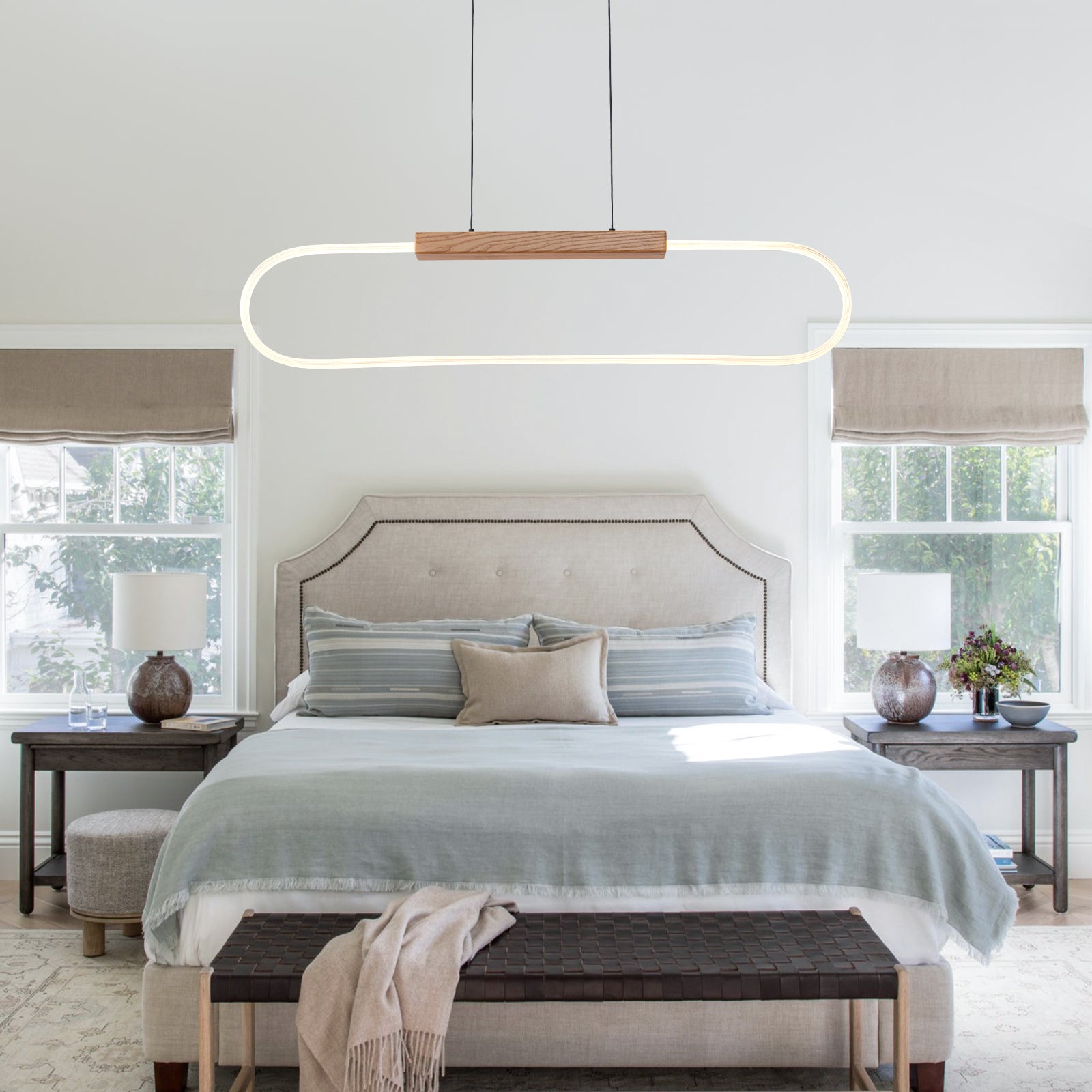 47.24 in. 1-Light Modern Black Linear Integrated LED Pendant Light Fixture with Wood Accent for Kitchen Island