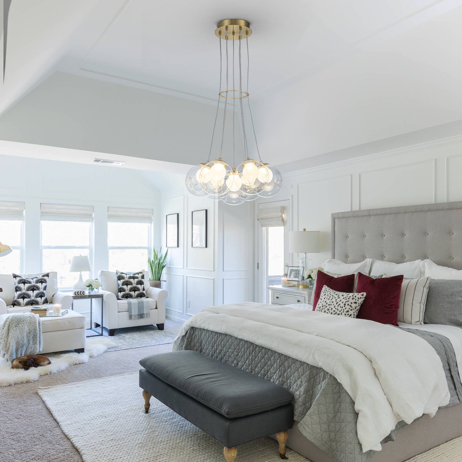 7-Light Modern Gold Sputnik Cluster LED Chandelier with Clear Globe Shades for Living Room