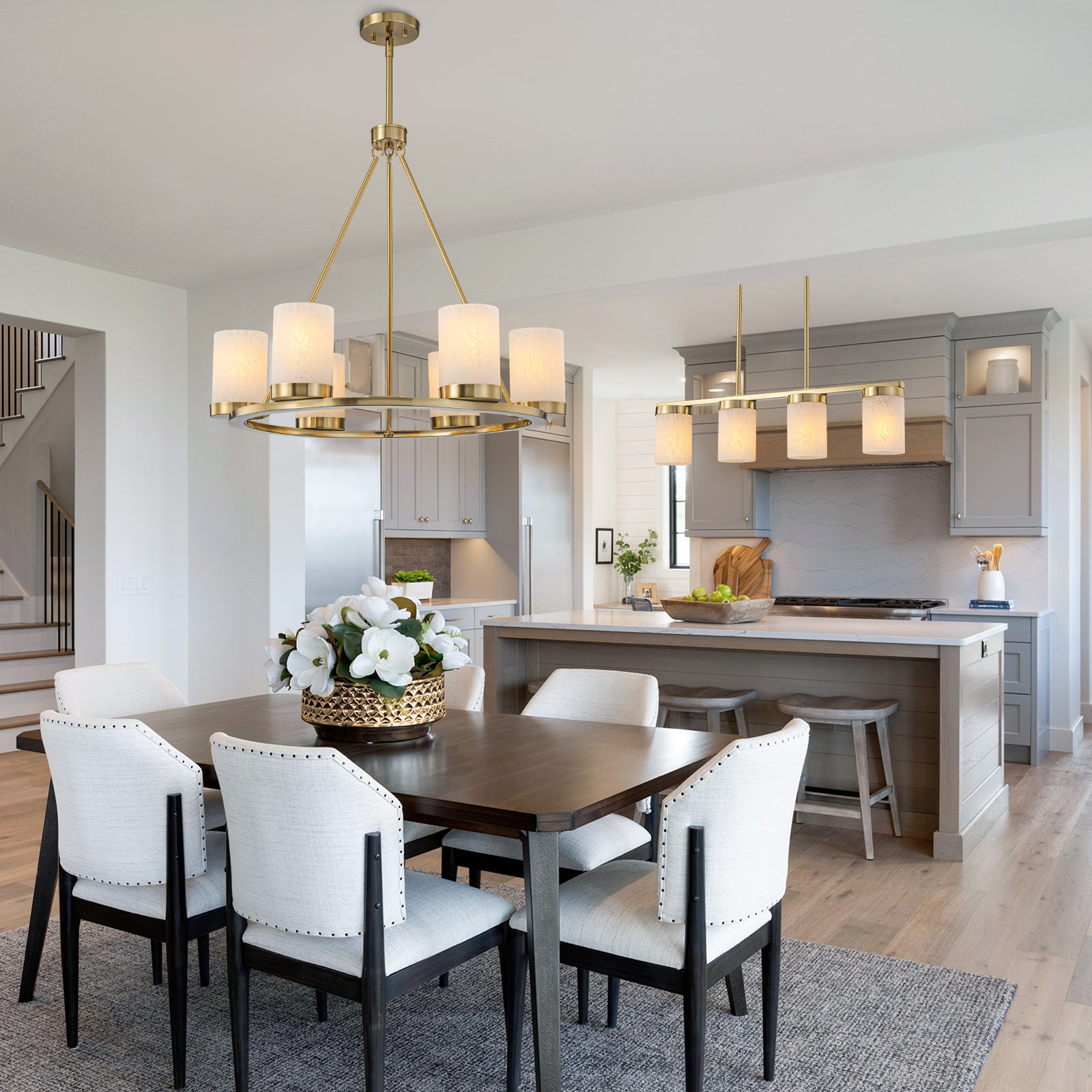 28.94 in. 4-Light Modern Copper Metal Linear Chandelier Island Pendant Light with Cylinder Glass Shades for Dining Room