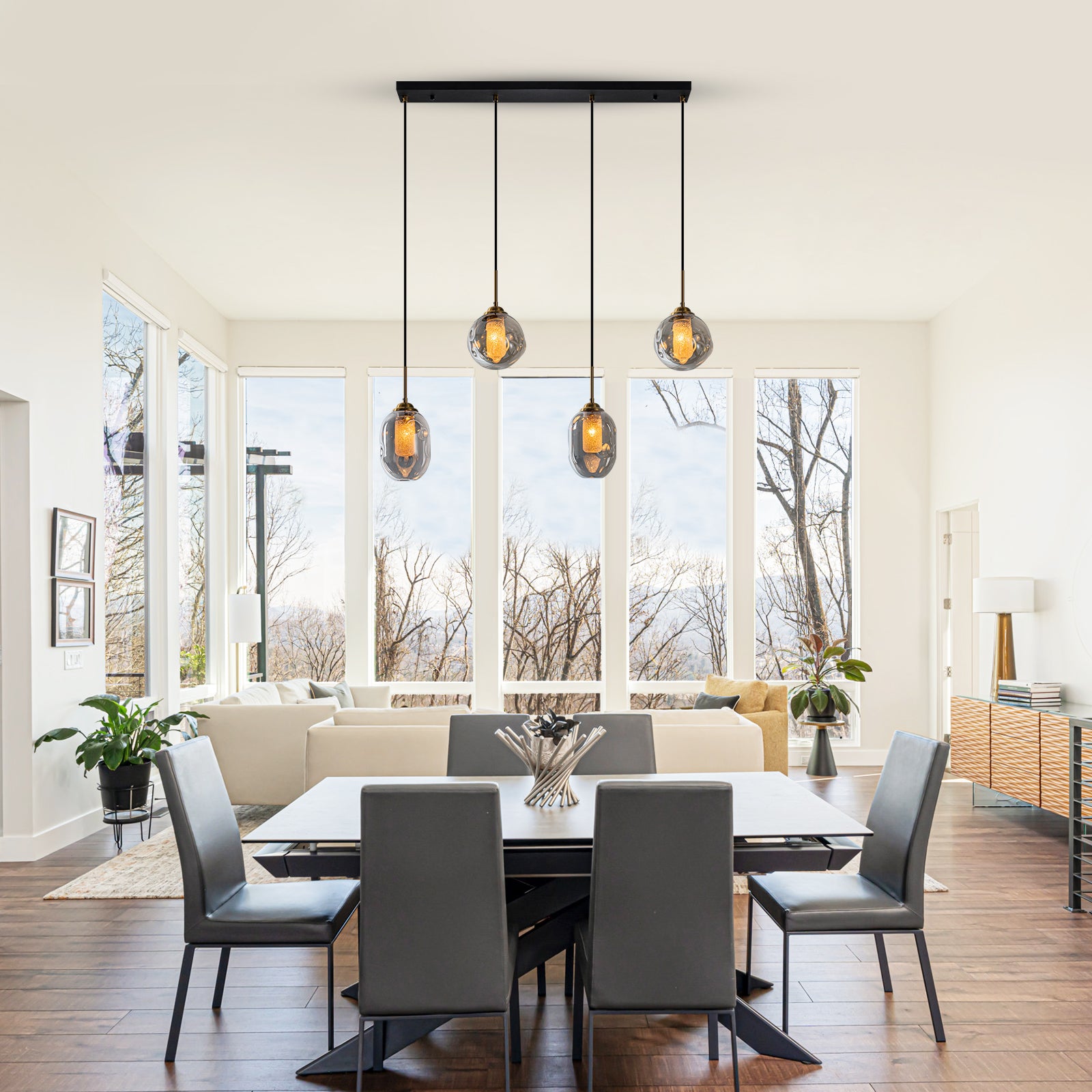 38.6 in. 4-Light Modern Black Linear Pendant Light with 2-Tier Glass Shades for Kitchen Island