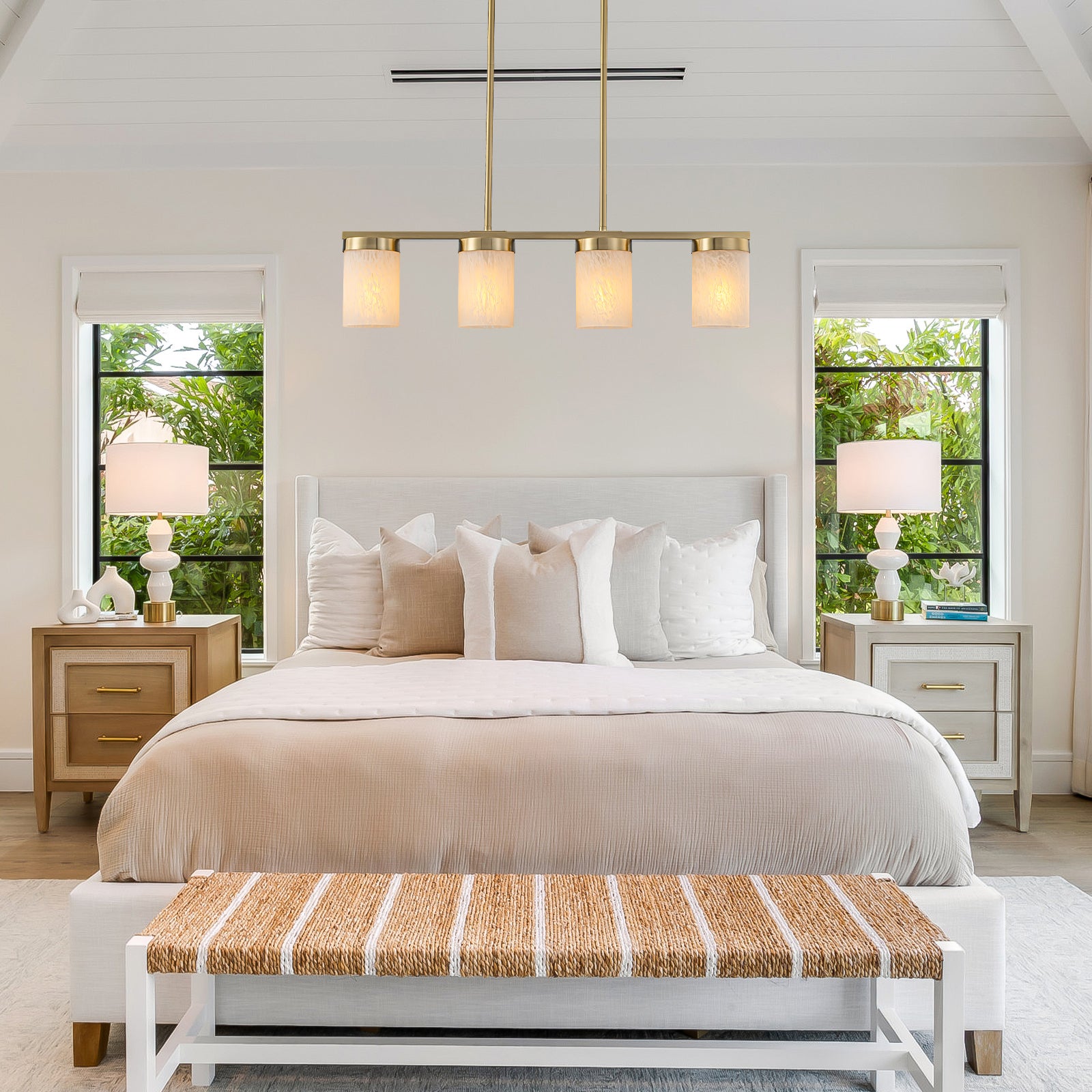 28.94 in. 4-Light Modern Copper Metal Linear Chandelier Island Pendant Light with Cylinder Glass Shades for Dining Room