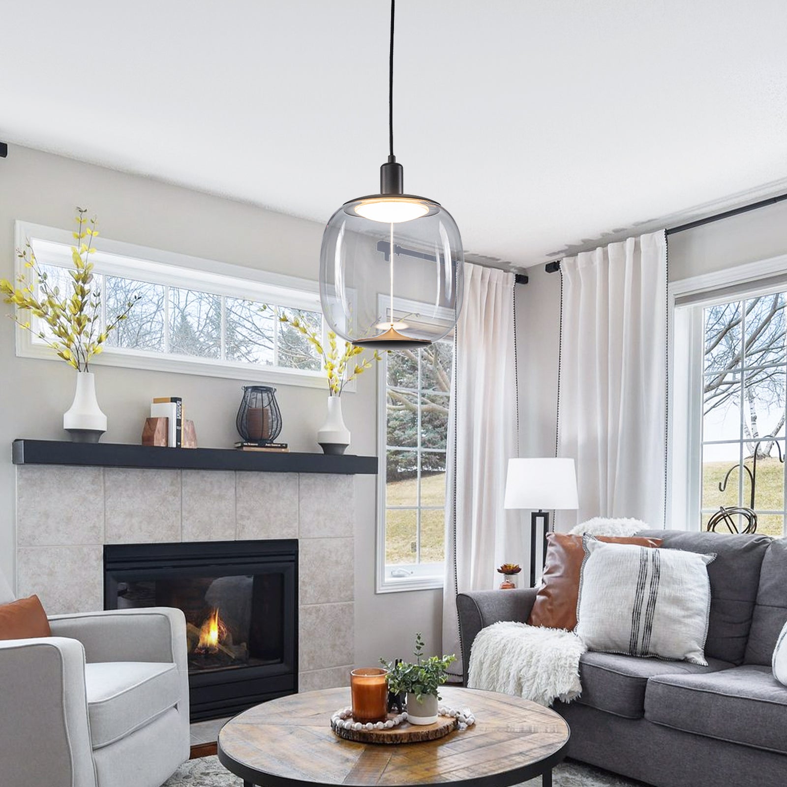 10-Watt 1-Light Modern Dimmable Integrated LED Pendant Light with Drum Shade for Kitchen Island