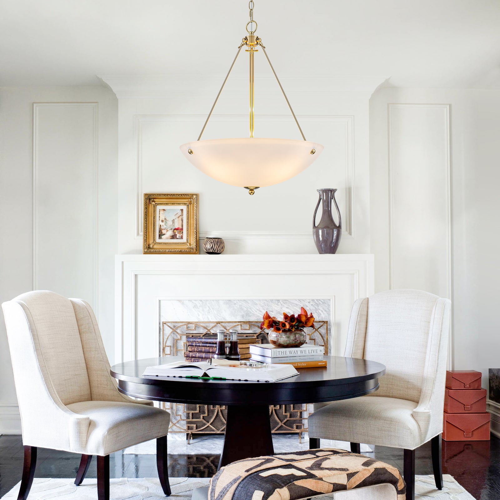 19.69 in. 4-Light Modern Farmhouse Gold Metal Bowl Island Pendant Light with White Glass Shade for Kitchen