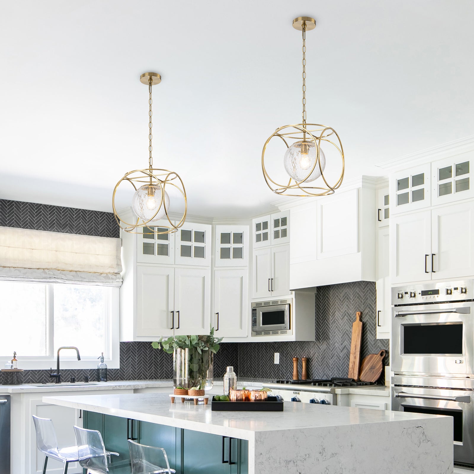 11.5 in. 1-Light Modern Copper Metal Pendant Light with Clear Crackle Globe Glass Shade for Kitchen Island, Dining Room