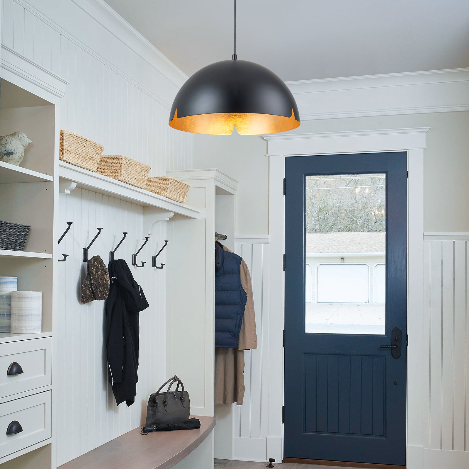 14.96 in. 1-Light Industrial Metal Black/White Dome Pendant Light with Iron Shade for Dining Rooms, Kitchens