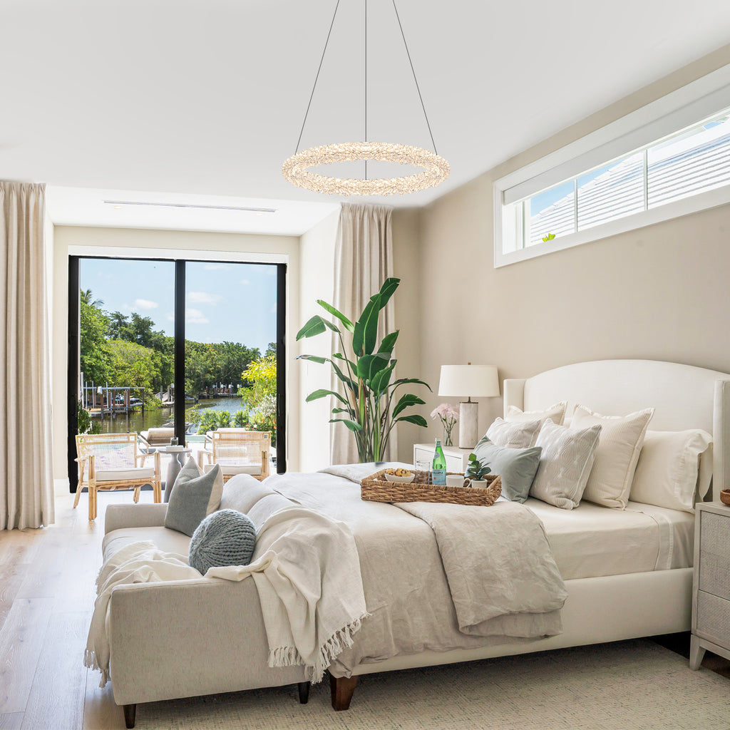 1-Light Modern Gold Metal Ring Crystal Integrated LED Pendant Light Dimmable Chandelier for Dining Room
