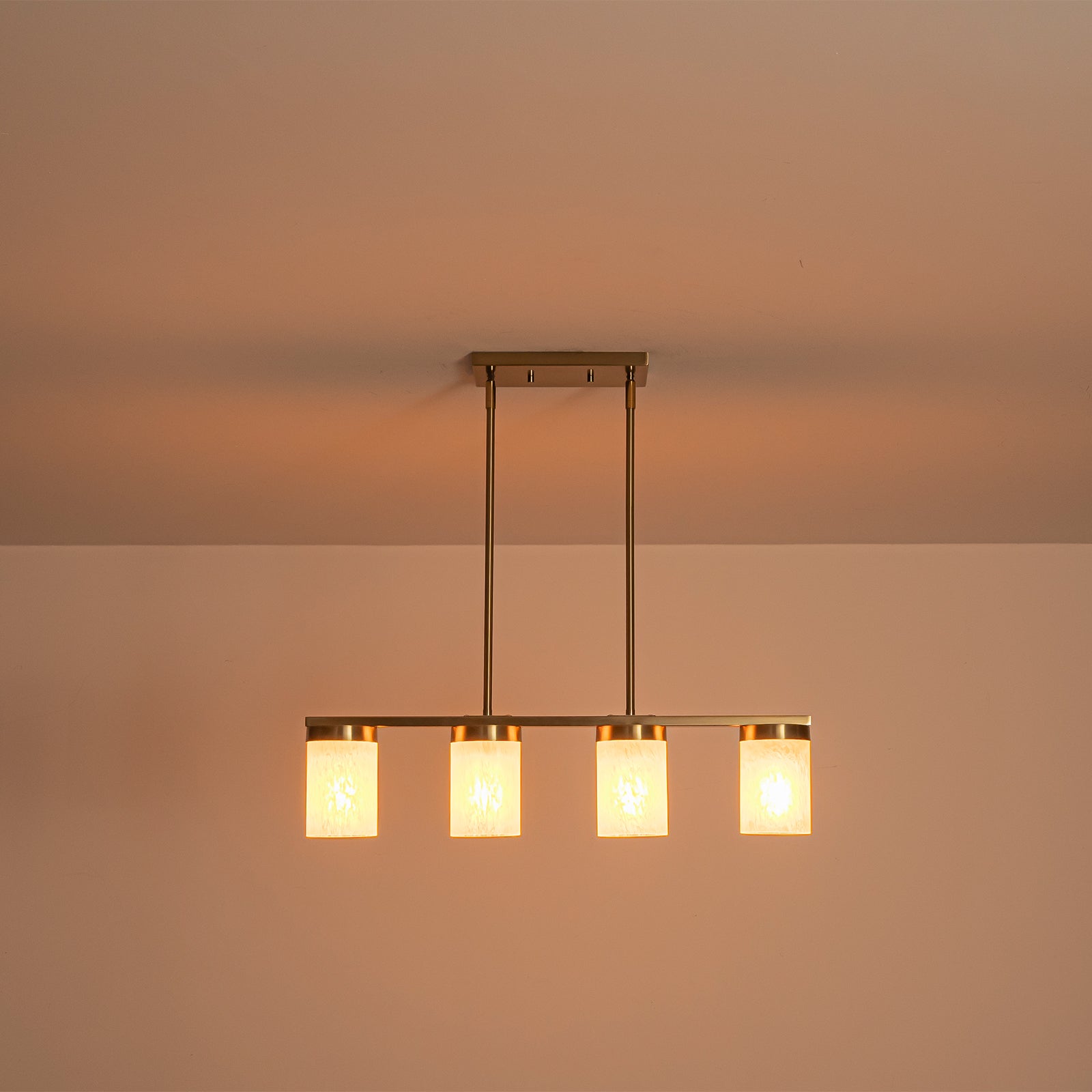 28.94 in. 4-Light Modern Copper Metal Linear Chandelier Island Pendant Light with Cylinder Glass Shades for Dining Room