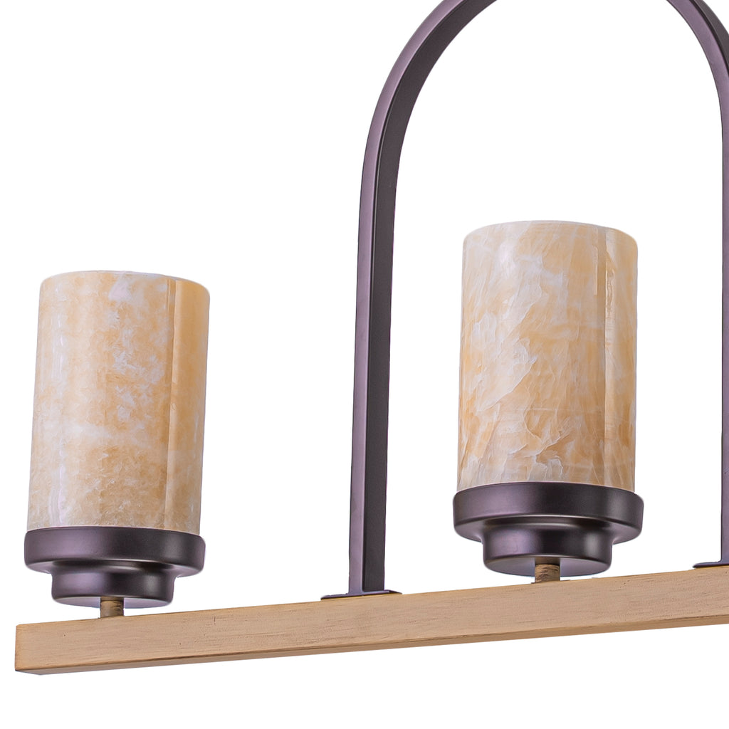 25 in. 3-Light Rustic Industrial Onyx Pendant Light w/Faux Wood Accent & U-Shaped Iron Frame