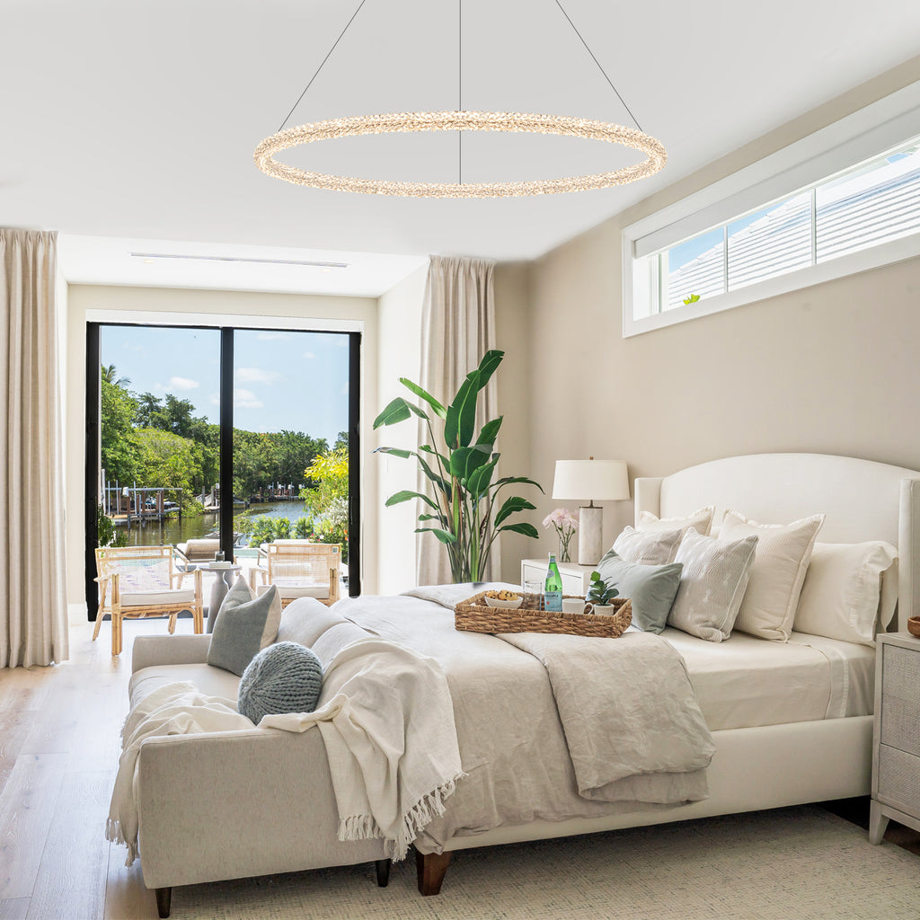 1-Light Modern Gold Metal Ring Crystal Integrated LED Pendant Light Dimmable Chandelier for Dining Room