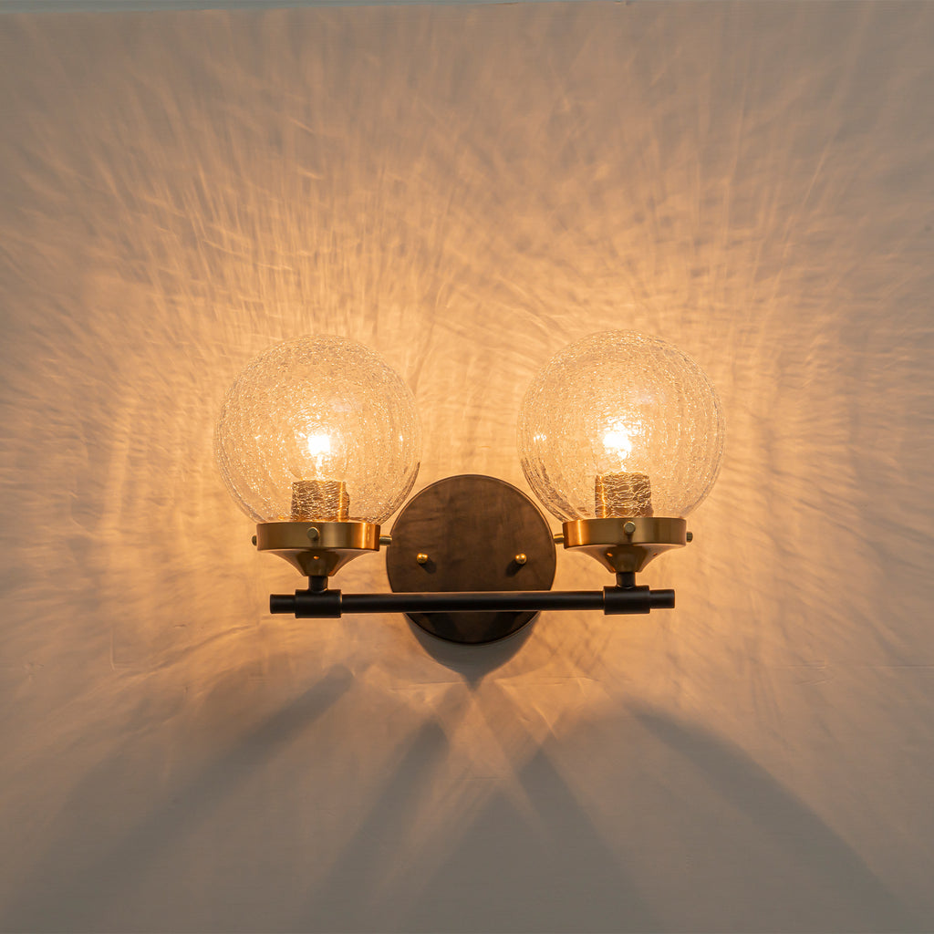 13.62 in. 2-Light Matte Black and Gold Metal Vanity Light with Clear Glass Shades for Bathroom