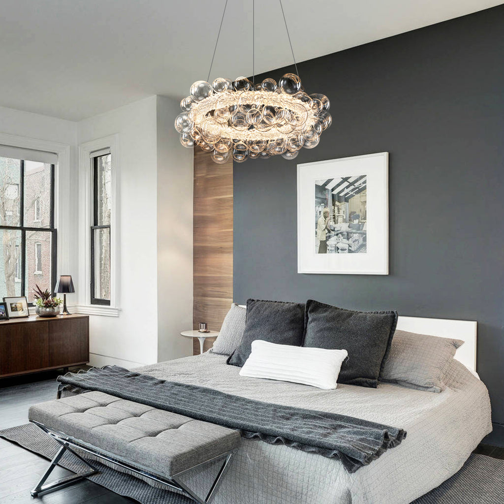 1-Light Gold Modern Round Globe Crystal Integrated LED Chandelier Dimmable Pendant Light with Glass Bubbles