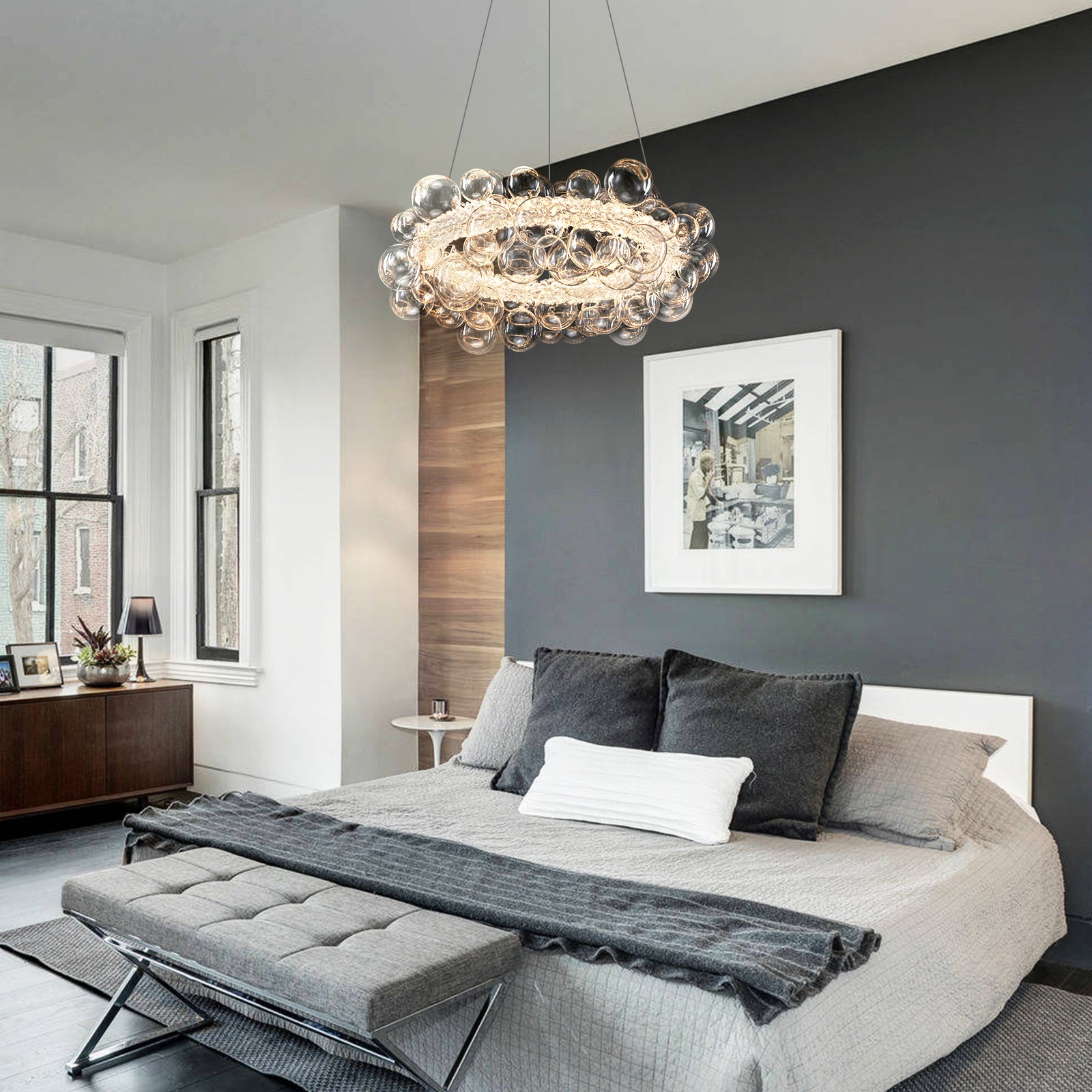 1-Light Gold Modern Round Globe Crystal Integrated LED Chandelier Dimmable Pendant Light with Glass Bubbles