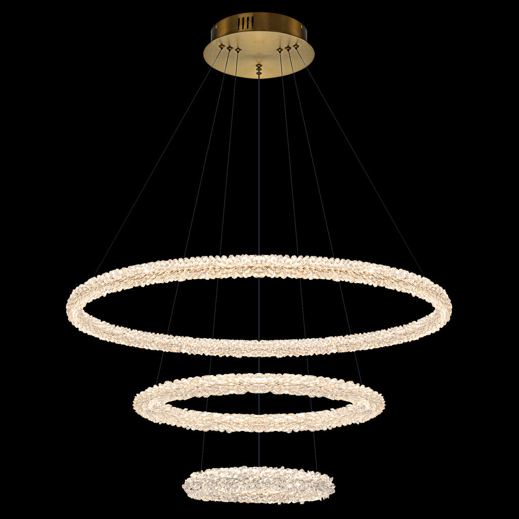 3-Light Modern Gold Ring Dimmable Integrated LED Chandelier Tiered Pendant Light with Crystal for Dining Room