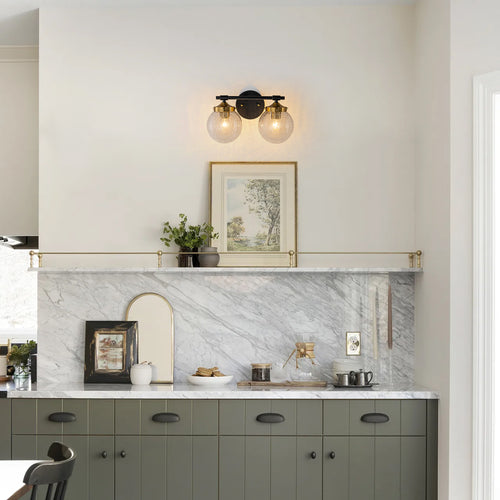 13.62 in. 2-Light Matte Black and Gold Metal Vanity Light with Clear Glass Shades for Bathroom