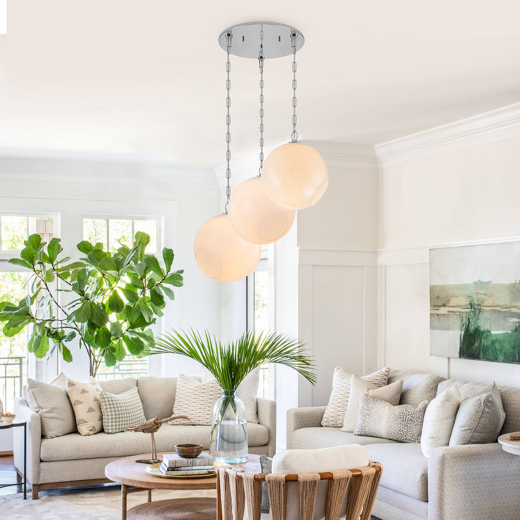 Chrome Modern Globe Hanging Pendant Light with White Bubble Glass Shade for Kitchen Island, Dining