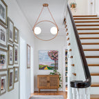 20 in. 2-Light Modern Walnut Oval Pendant Light with White Globe Glass Shades for Dining Room, Kitchen Island