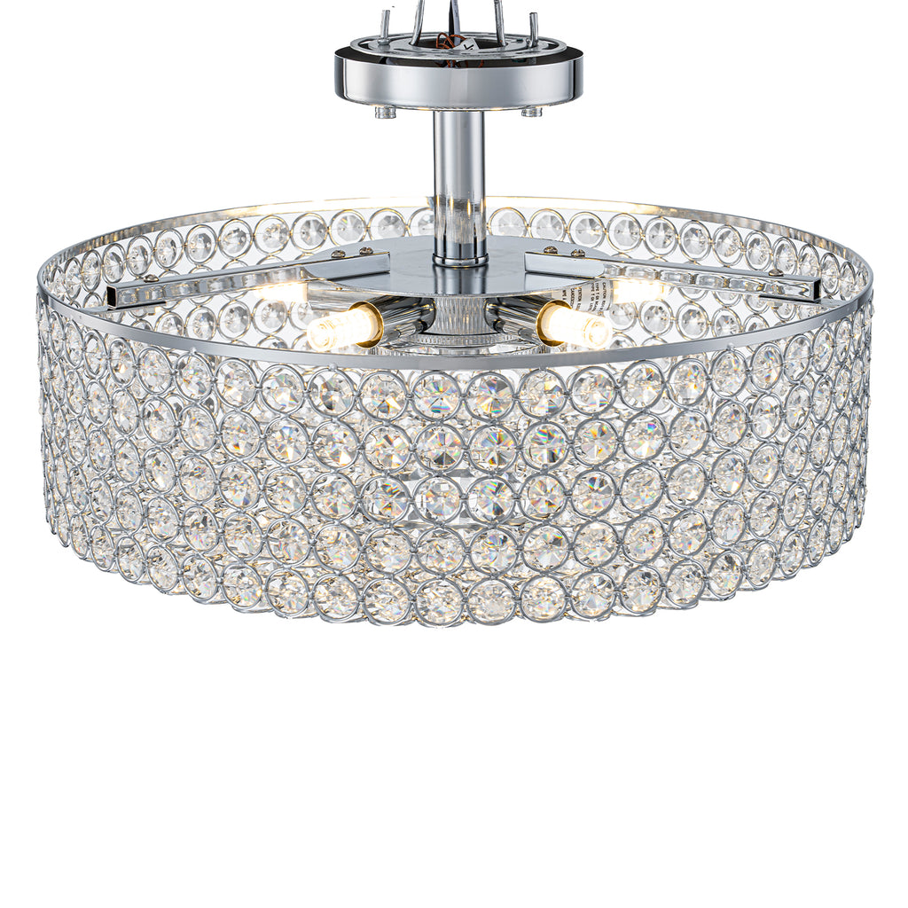 5-Light Chrome Round Modern Semi-Flush Mount Ceiling Light with Beaded Drum Crystal Shade for Living Room