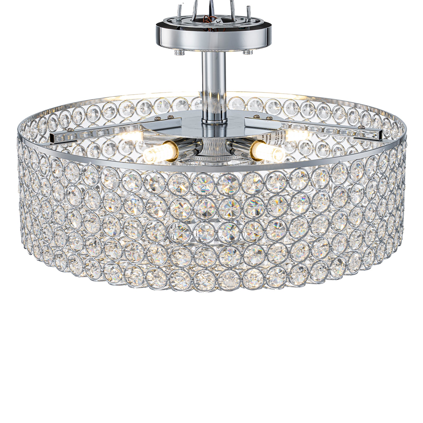 5-Light Chrome Round Modern Semi-Flush Mount Ceiling Light with Beaded Drum Crystal Shade for Living Room