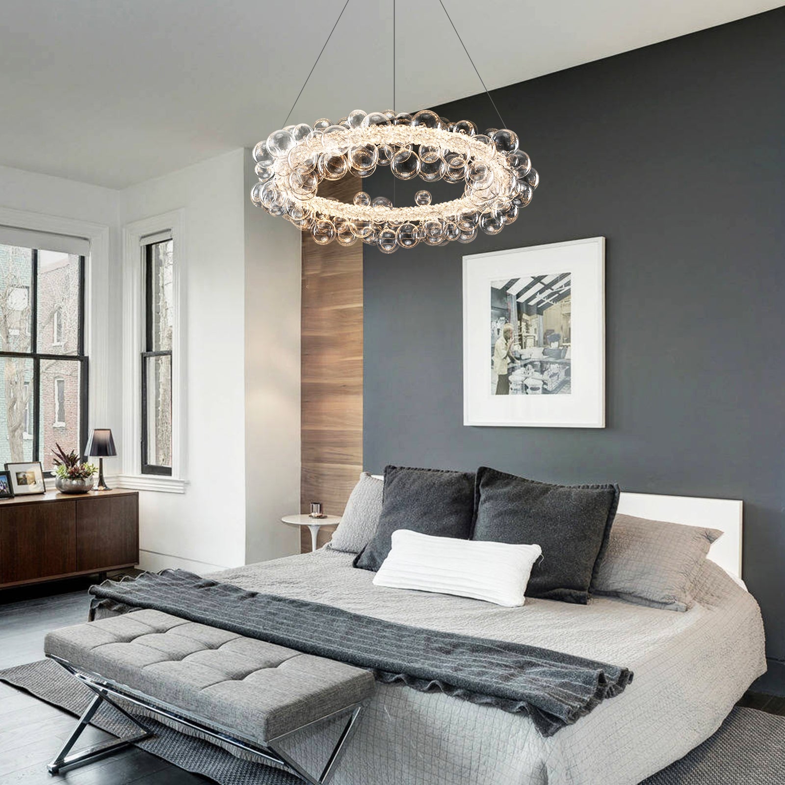 1-Light Gold Modern Round Globe Crystal Integrated LED Chandelier Dimmable Pendant Light with Glass Bubbles