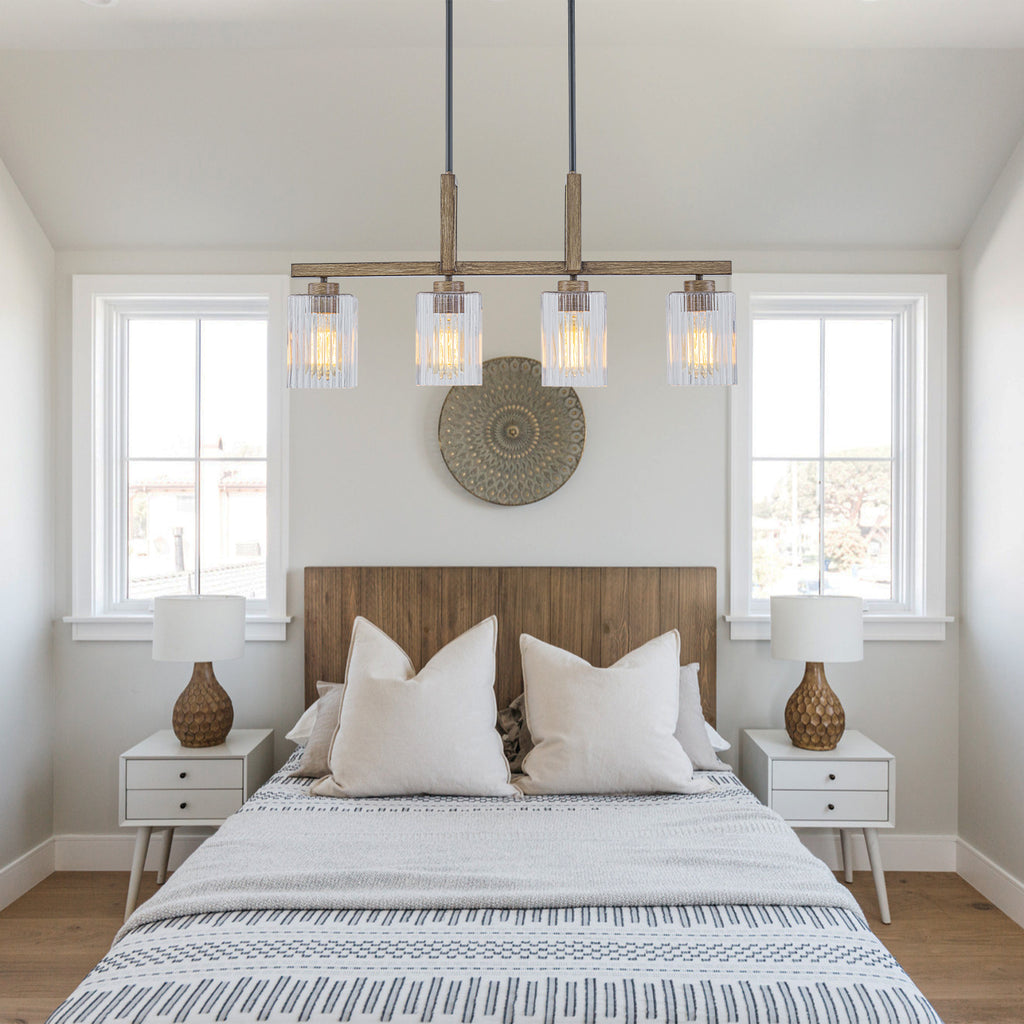 30.5 in. 4-Light Modern Farmhouse Matte Black Linear Chandelier with Faux Wood Accent Island Pendant with Glass Shades