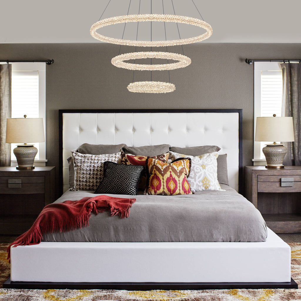3-Light Modern Gold Ring Dimmable Integrated LED Chandelier Tiered Pendant Light with Crystal for Dining Room