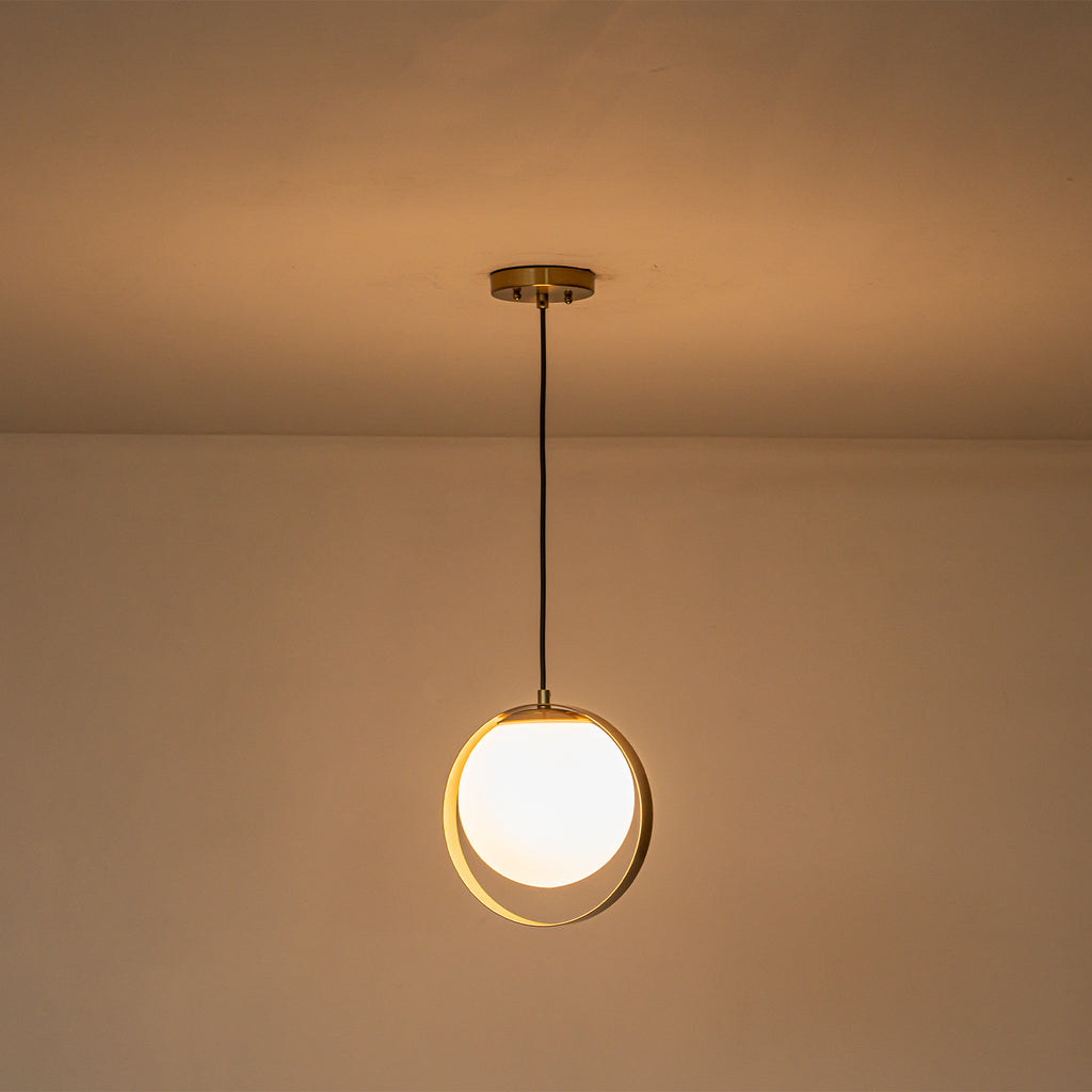 9.84 in. 8-Watt 1-Light Modern Mid-Century Brass Ring LED Pendant Light with White Globe Glass Shade