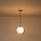9.84 in. 8-Watt 1-Light Modern Mid-Century Brass Ring LED Pendant Light with White Globe Glass Shade