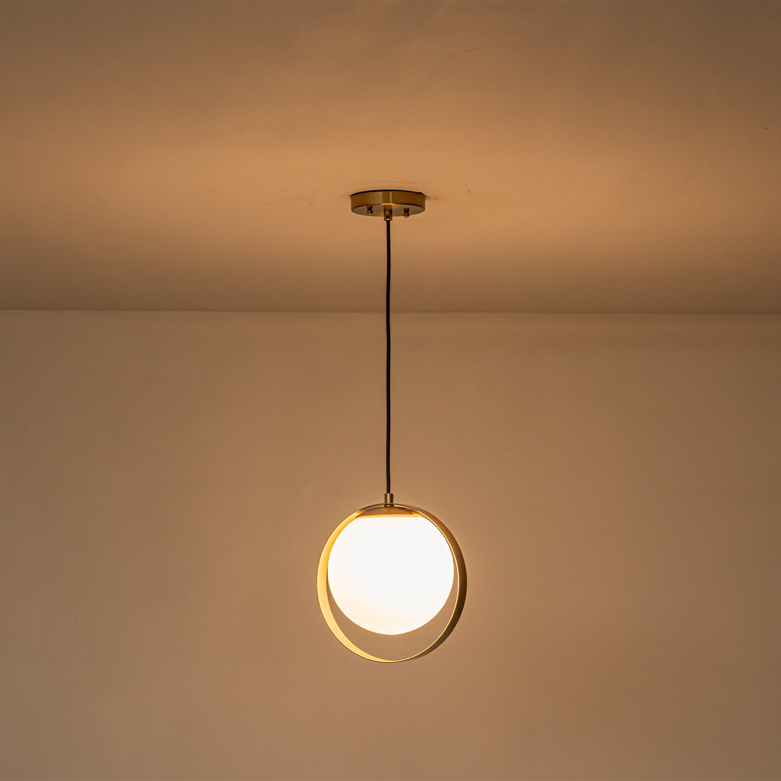 9.84 in. 8-Watt 1-Light Modern Mid-Century Brass Ring LED Pendant Light with White Globe Glass Shade