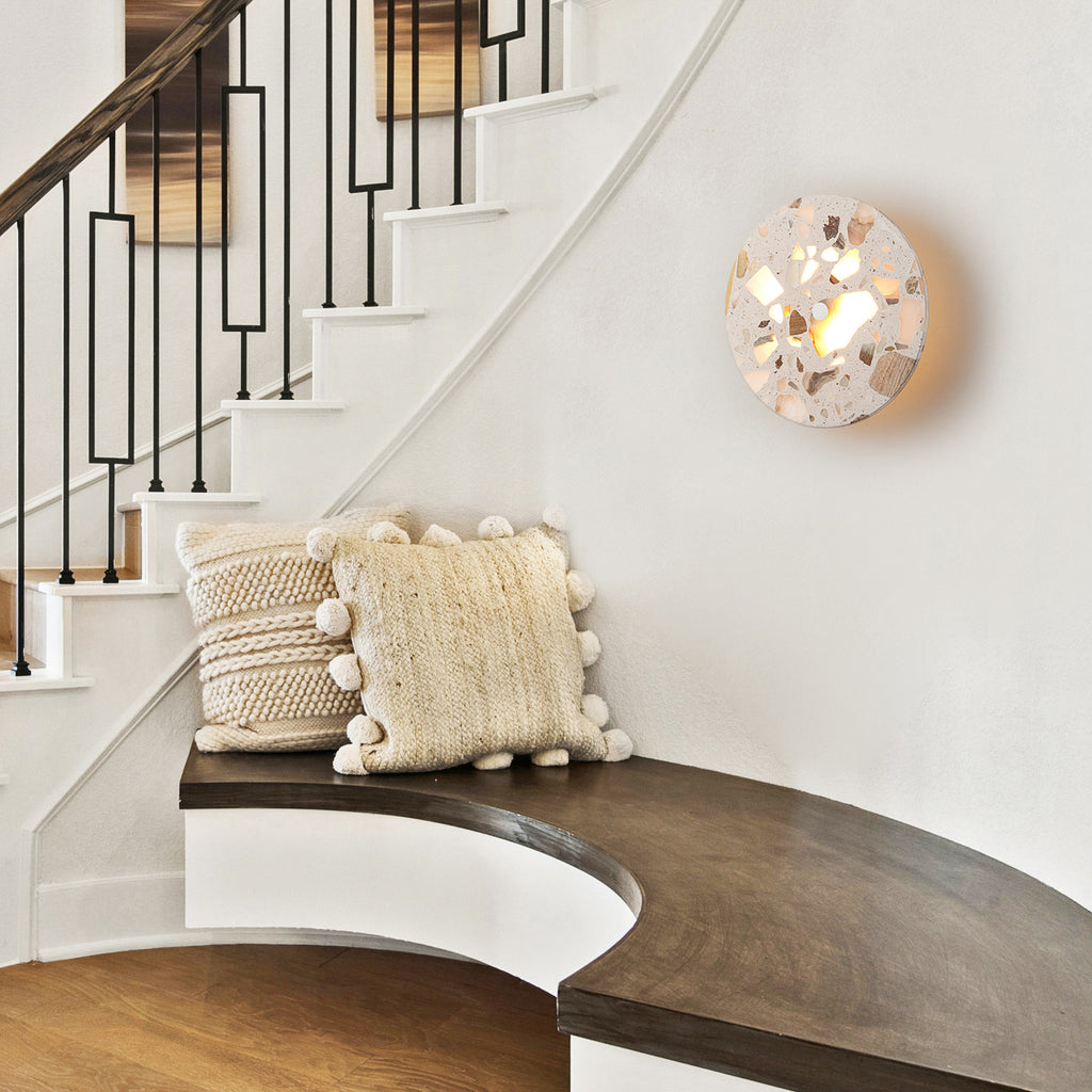 8.07 in. 1-Light Modern Round Dimmable LED Wall Sconce Light with Mable Terrazzo Shade for Bedroom Foyer Hallway