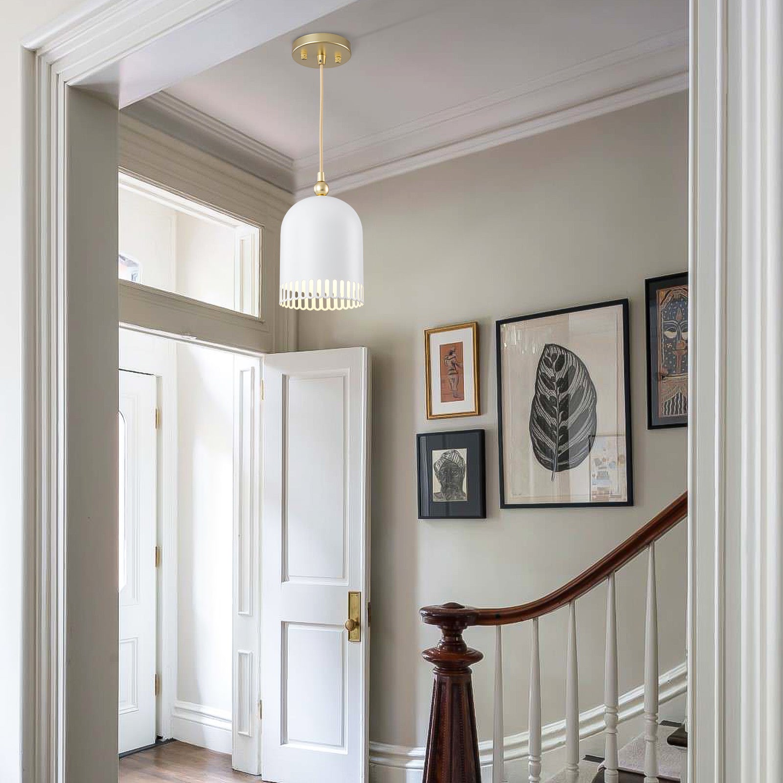 1-Light Gold Iron Semi-Domed Shape Pendant Light with Matte White Metal Shade Hollow Out Design for Living Room
