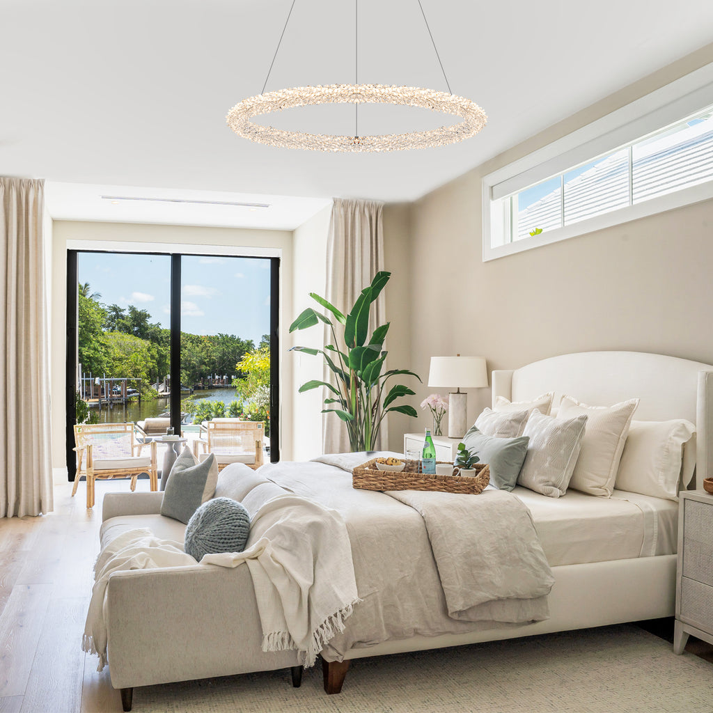 1-Light Modern Gold Metal Ring Crystal Integrated LED Pendant Light Dimmable Chandelier for Dining Room