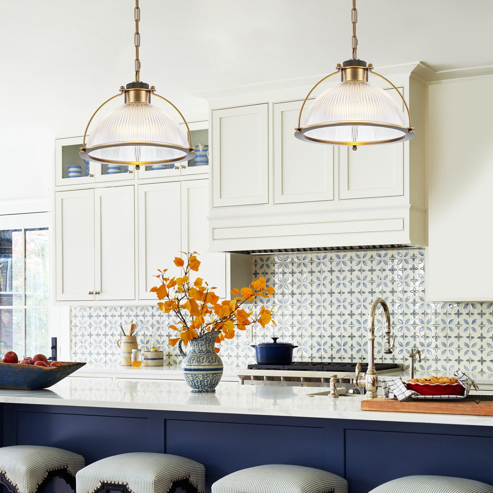 1-Light Industrial Brass Metal Dome Pendant Light with Clear Glass Shade for Kitchen Island, Dining Room