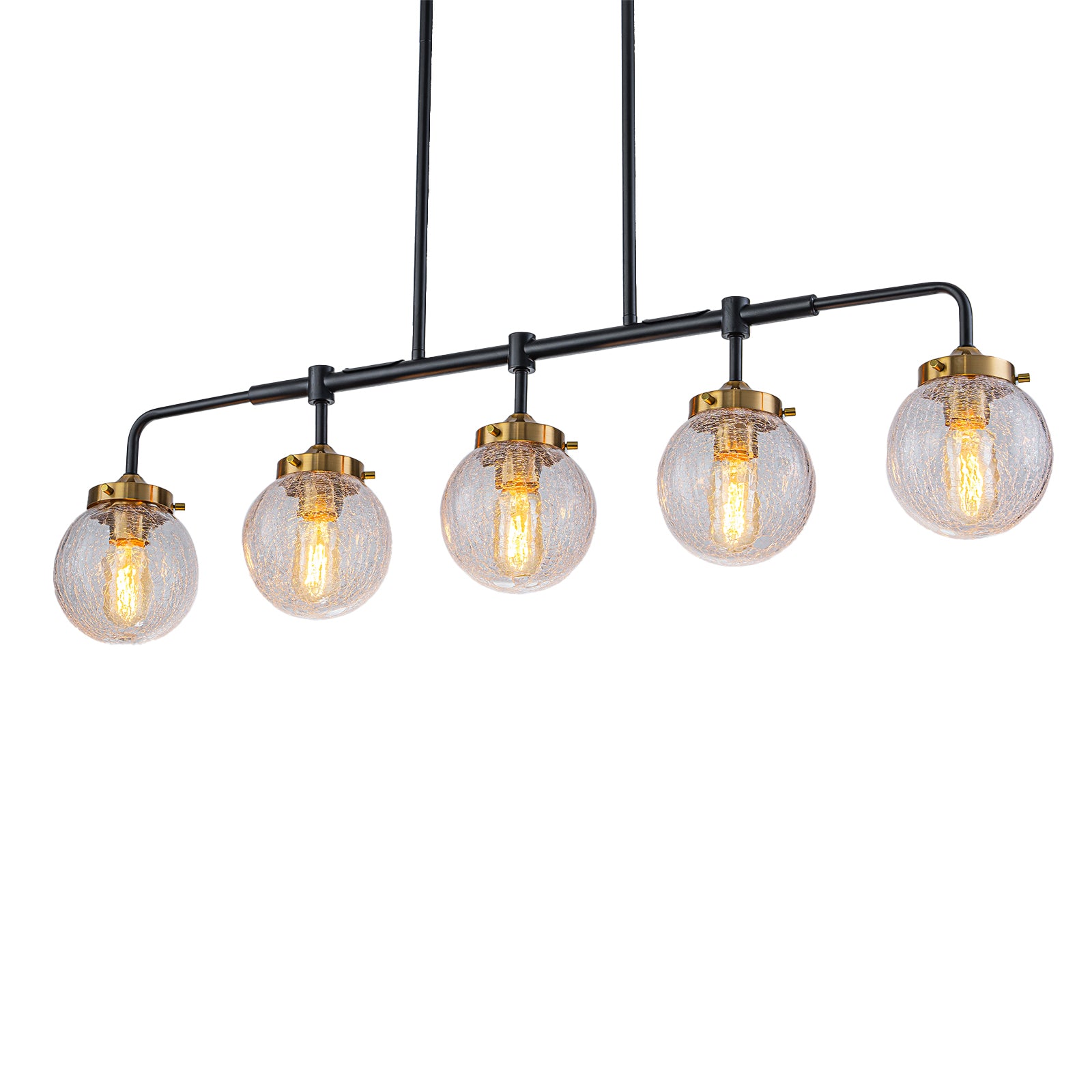 38 in. 5-Light Modern Matte Black Linear Pendant Light with Clear Globe Crackled Glass Shades Island Chandelier