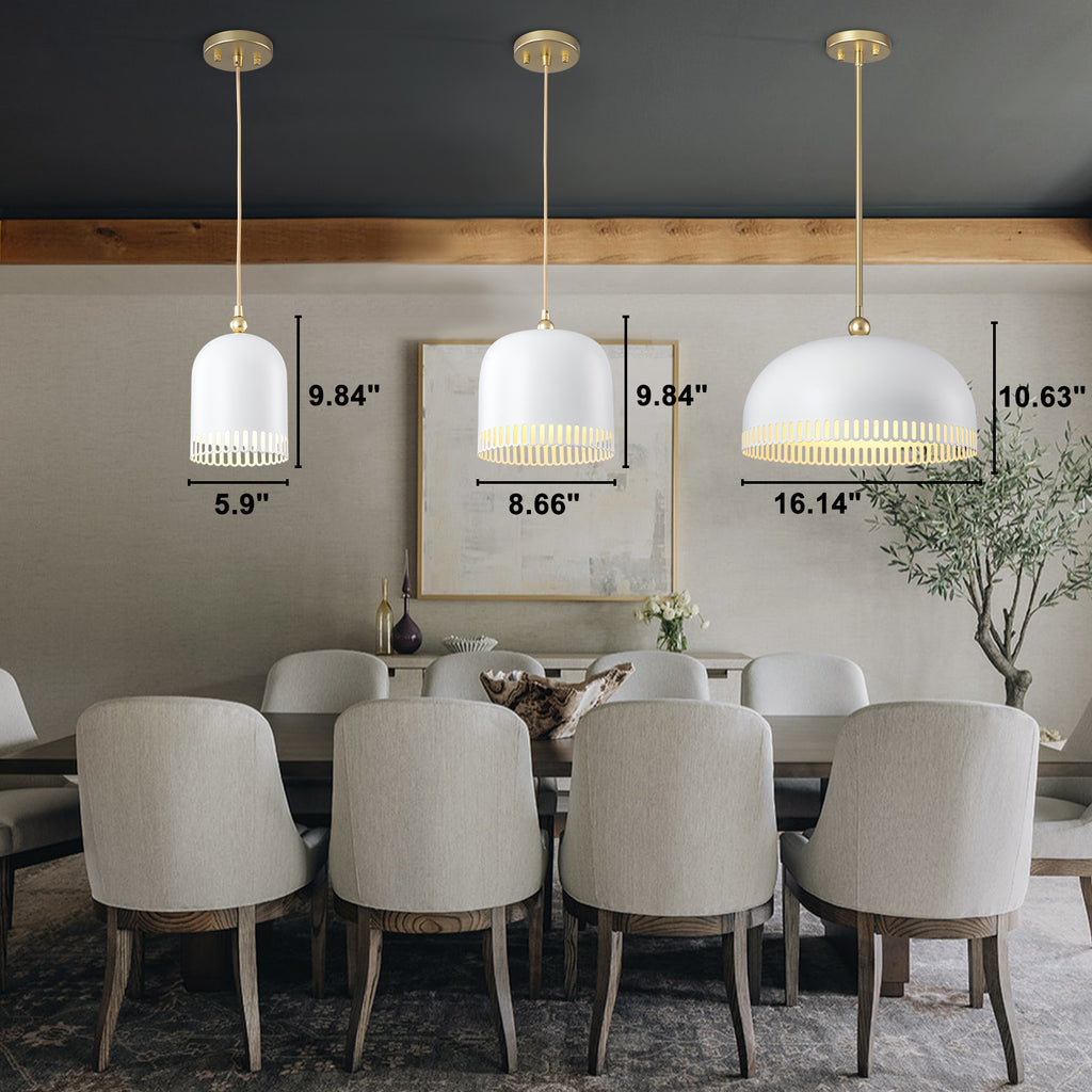 3-Light Gold Iron Semi-Domed Shape Pendant Light with Matte White Metal Shade Hollow Out Design for Living Room