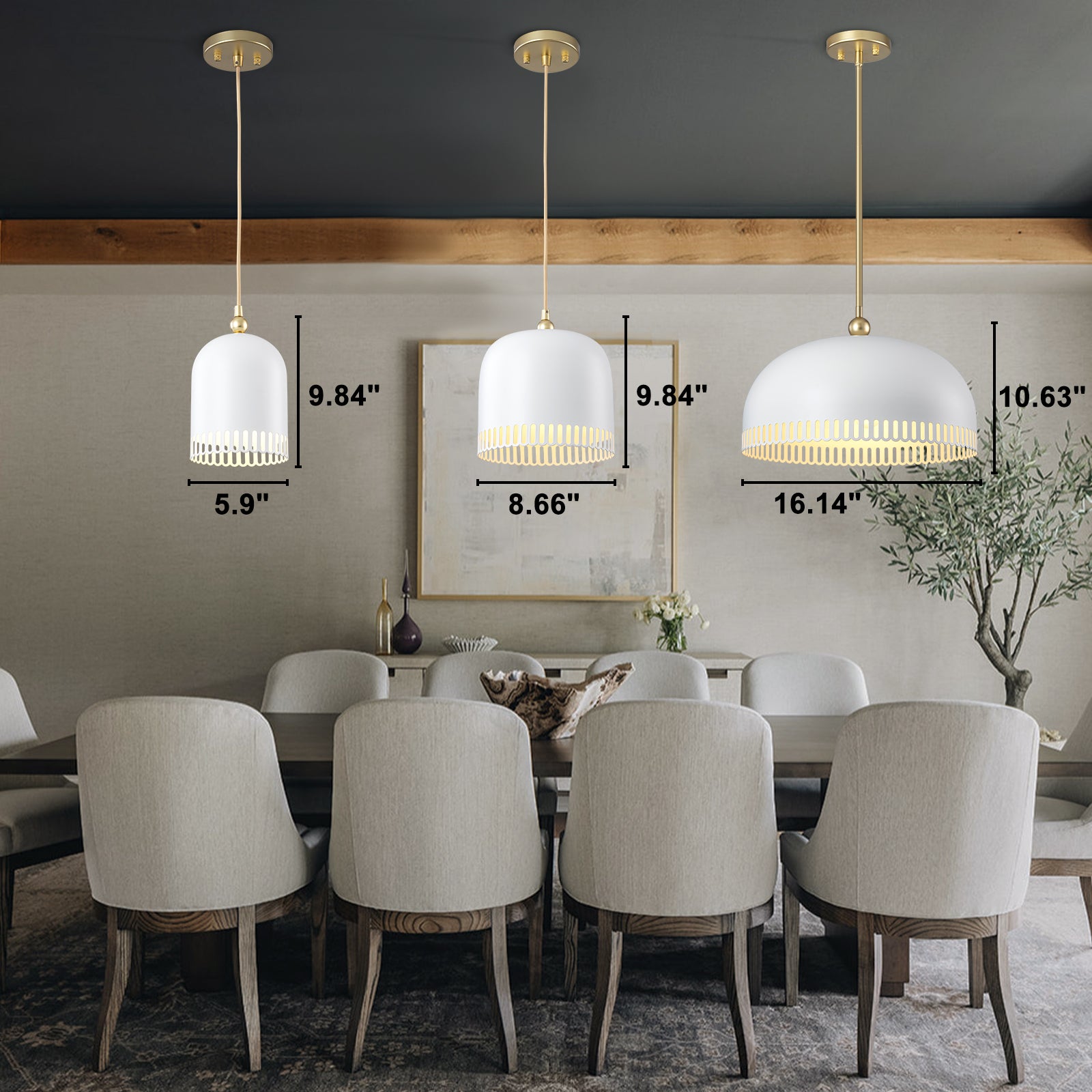 3-Light Gold Iron Semi-Domed Shape Pendant Light with Matte White Metal Shade Hollow Out Design for Living Room