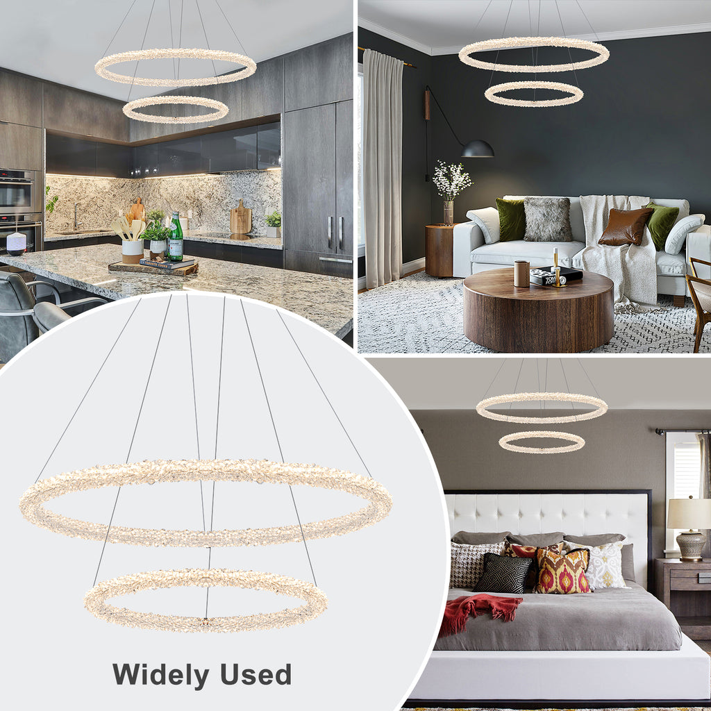 2-Light Modern Gold Double Ring Dimmable Integrated LED Chandelier Tiered Pendant Light with Crystal for Dining Room