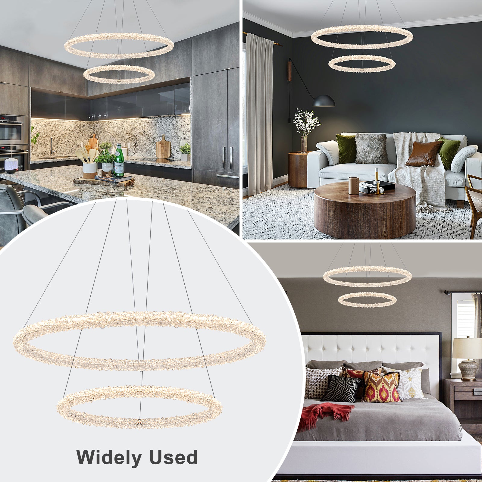 2-Light Modern Gold Double Ring Dimmable Integrated LED Chandelier Tiered Pendant Light with Crystal for Dining Room