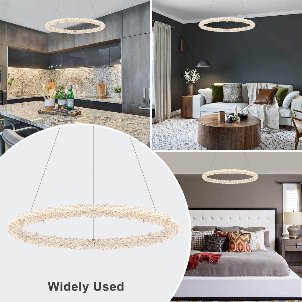 1-Light Modern Gold Metal Ring Crystal Integrated LED Pendant Light Dimmable Chandelier for Dining Room