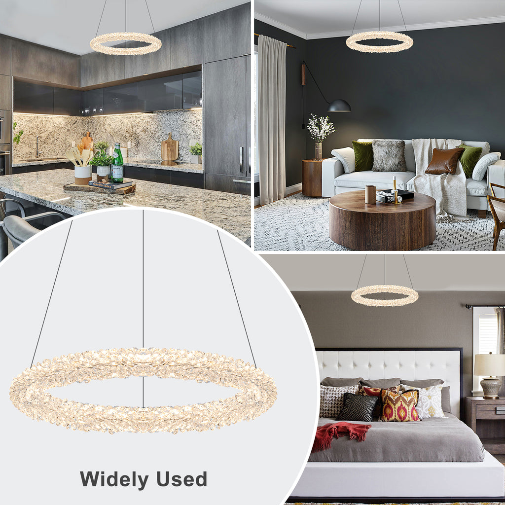 1-Light Modern Gold Metal Ring Crystal Integrated LED Pendant Light Dimmable Chandelier for Dining Room