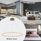 1-Light Modern Gold Metal Ring Crystal Integrated LED Pendant Light Dimmable Chandelier for Dining Room