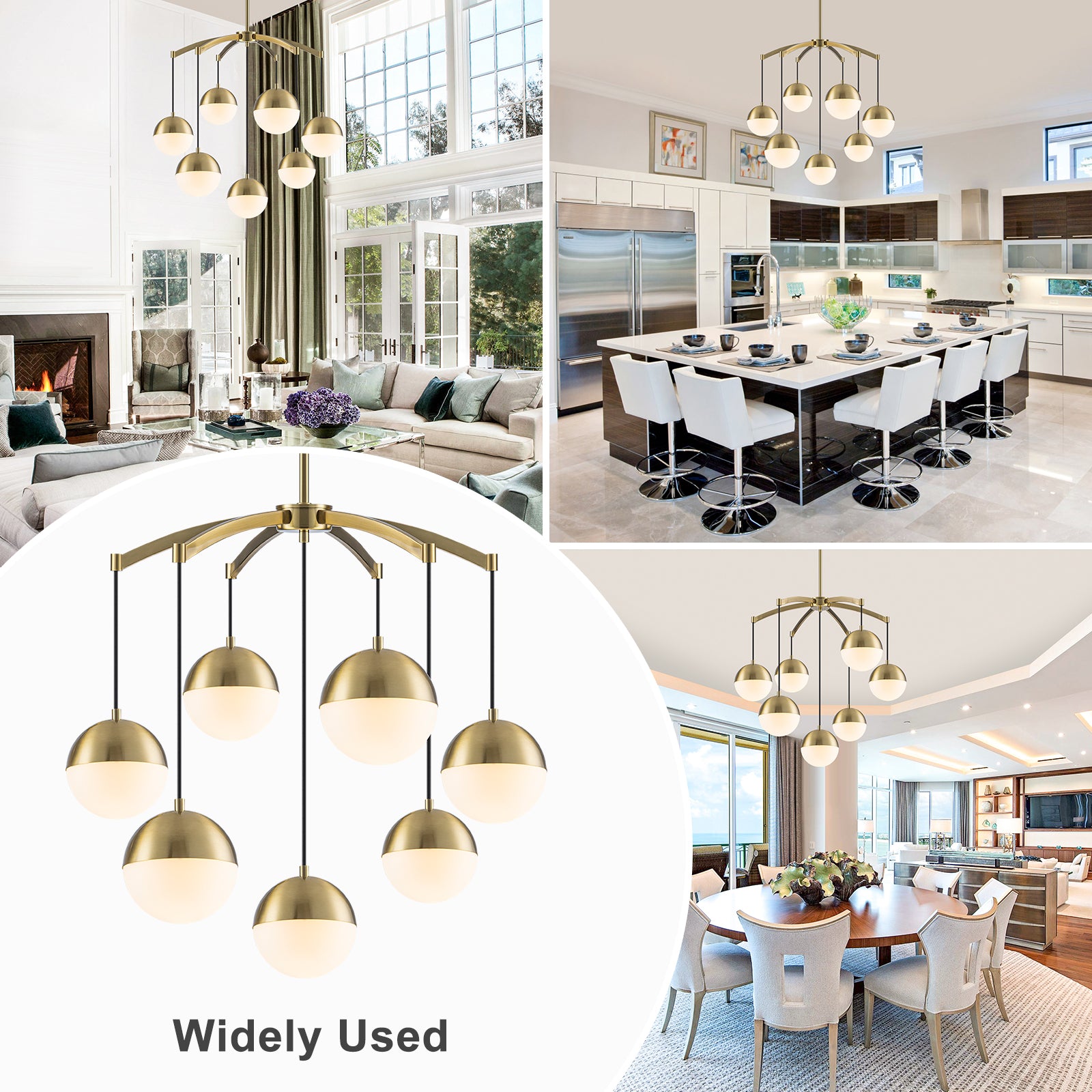 27.4 in. 7-Light Modern Brass Metal Globe Chandelier Hanging Light with White Glass Shades for Living Room