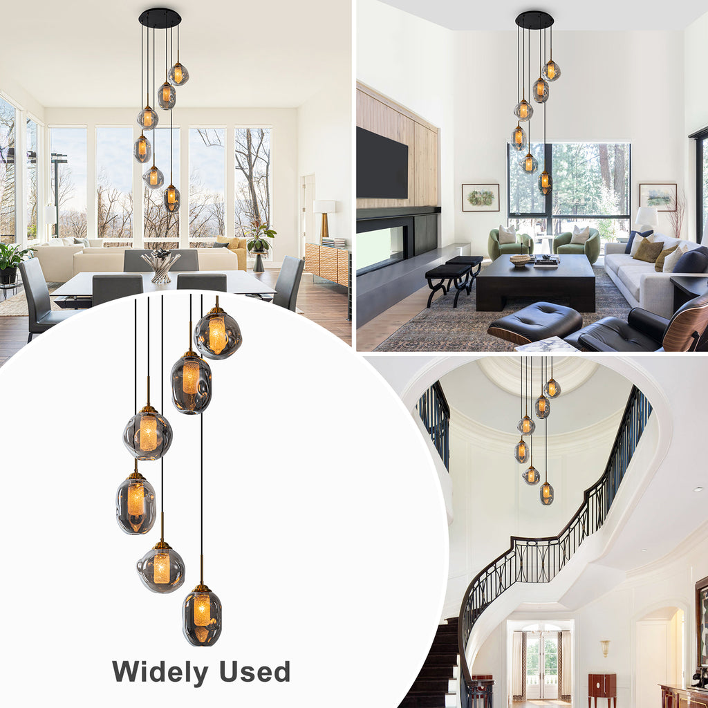 16 in. 6-Light Modern Black Staircase Chandelier Island Pendant Light with Smoky Gray Globe Glass Shade