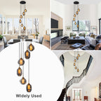 16 in. 6-Light Modern Black Staircase Chandelier Island Pendant Light with Smoky Gray Globe Glass Shade