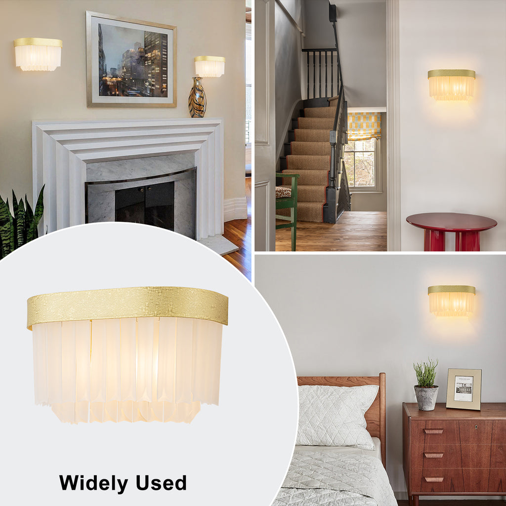 14.37 in. 2-Light Modern Gold Metal Wall Sconce with Frosted Glass Shades