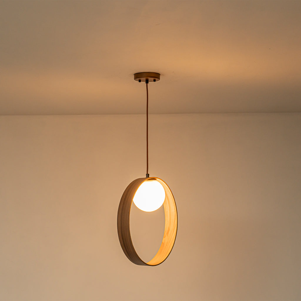 12 in. 1-Light Modern Walnut Oval Globe Pendant Light with White Glass Shade for Dining Room, Kitchen Island