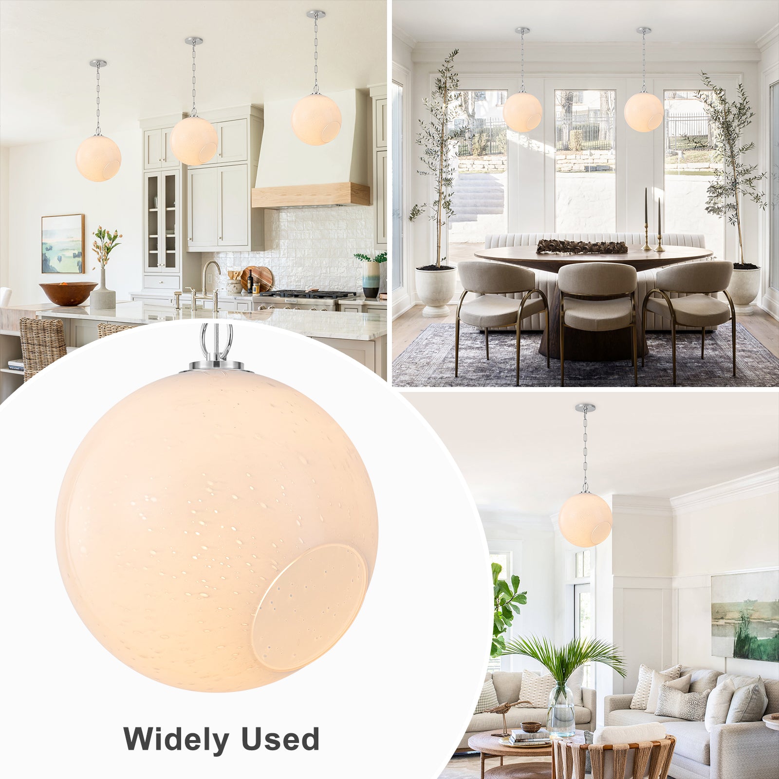 Chrome Modern Globe Hanging Pendant Light with White Bubble Glass Shade for Kitchen Island, Dining