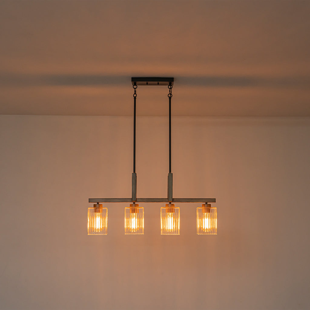 30.5 in. 4-Light Modern Farmhouse Matte Black Linear Chandelier with Faux Wood Accent Island Pendant with Glass Shades