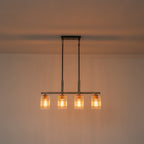 30.5 in. 4-Light Modern Farmhouse Matte Black Linear Chandelier with Faux Wood Accent Island Pendant with Glass Shades